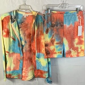 Rose Velvet Orange Tie Dye Set Zip Up Hoodie Shorts With Pockets Size Medium